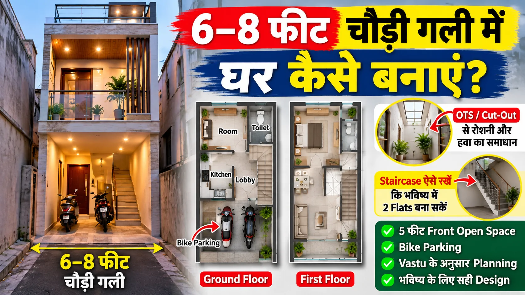 6–8 फीट चौड़ी गली में घर का नक्शा और bike parking planning
