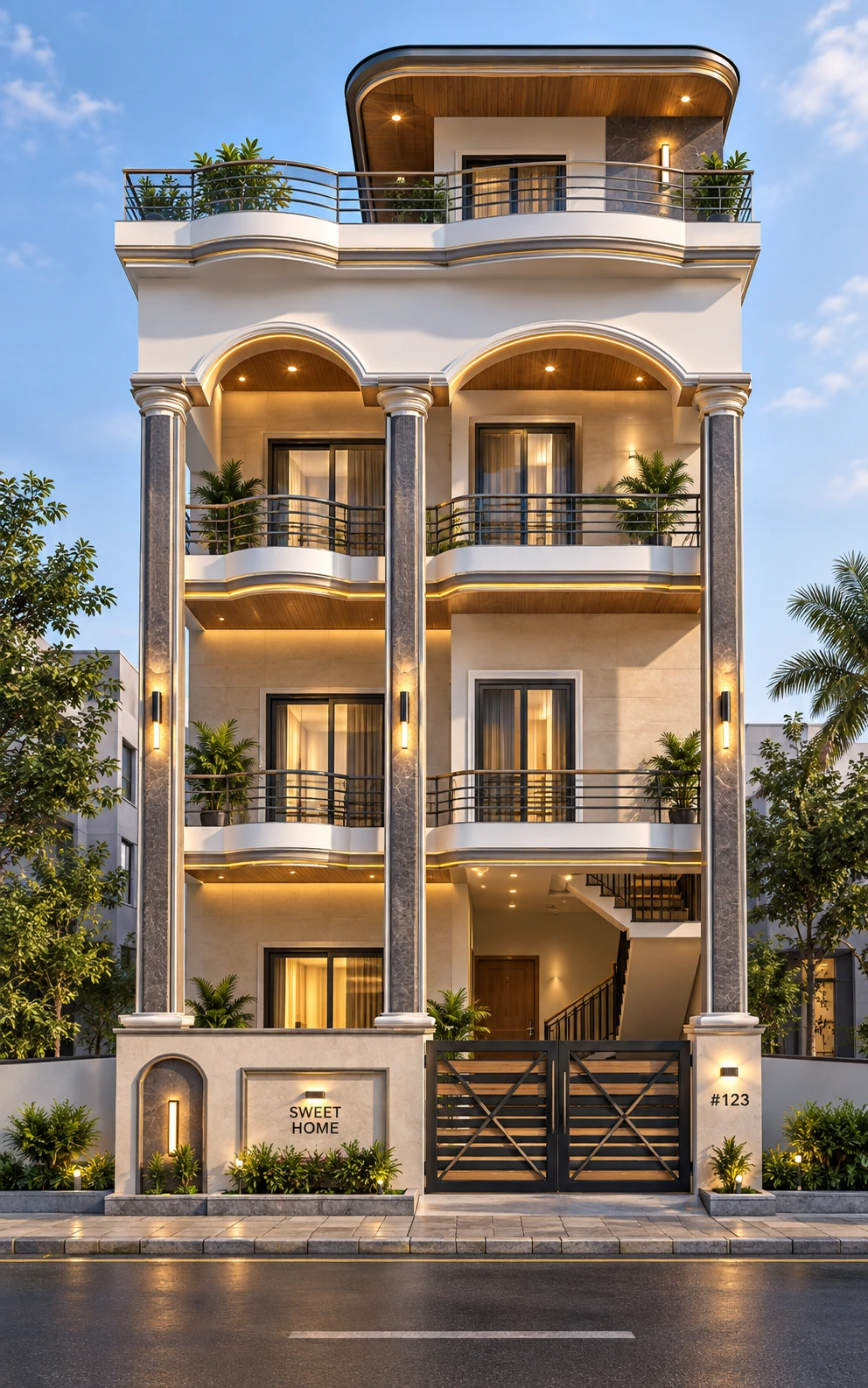 22 Feet Front Classical Elevation Design | G+2 Multi-Storey House Plan