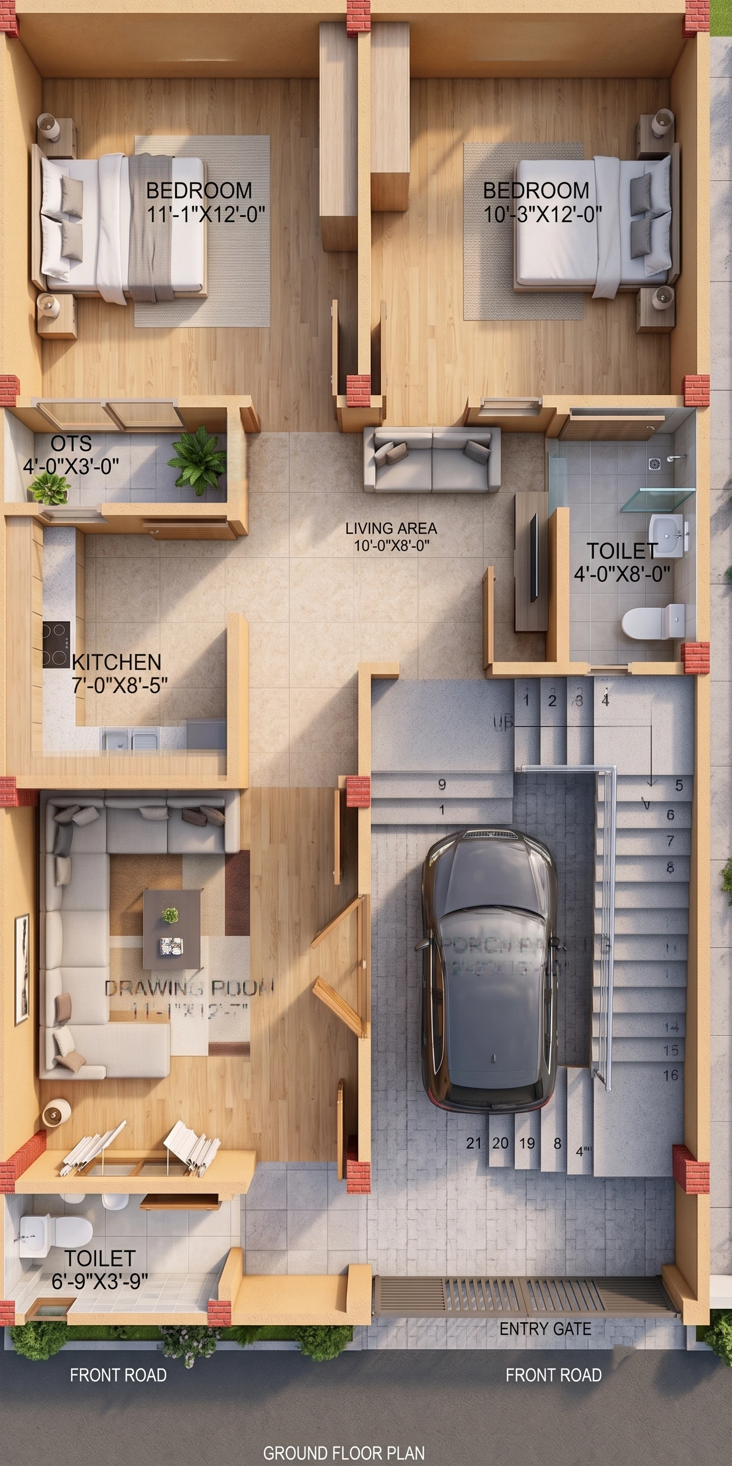 22'6" x 42' East Facing 2BHK House Plan with Car Parking | 945 Sq Ft Ghar Ka Naksha